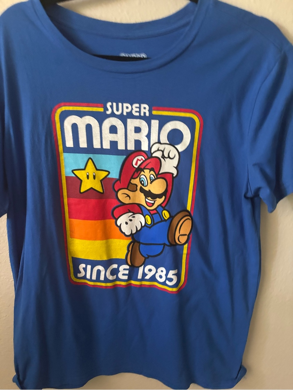 Nintendo Bright Blue Super Mario Retro Stripe Graphic Tee